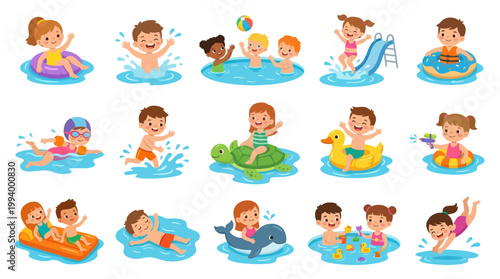 Children Swimming Pool Fun Vector Icons - Flat Style Cartoon Kids