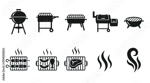 BBQ Grill Icons Vector Black  White Glyph Set
