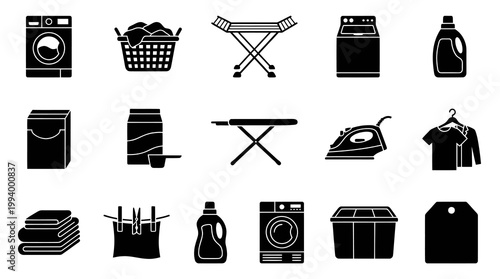Laundry Icons - Black and White Glyph Set for Home and Cleaning