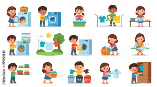 Kids Doing Laundry, Household Chores, Vector Flat Illustration