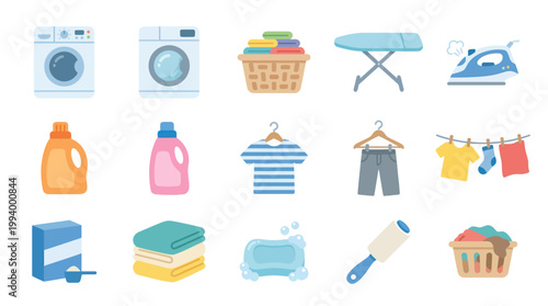 Flat Design Laundry and Household Chores Vector Icons: Washing Machines, Ironing, Detergent
