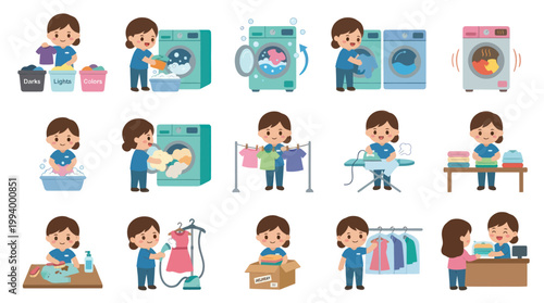 Flat illustration of a woman performing various laundry activities and dry cleaning services.