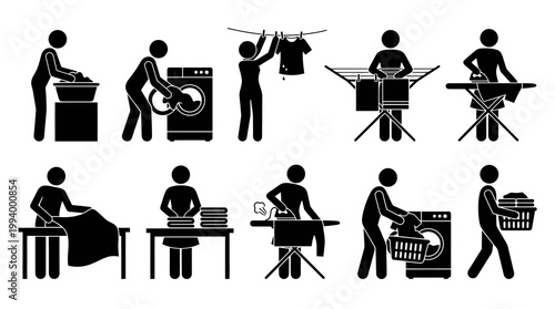Laundry service icons set, vector black and white stick figures, flat design