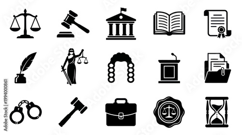 Simple Legal Law and Justice Glyph Icons Set - Courthouse Judge Lawyer Symbols