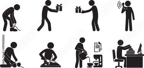 Set of daily routine icons depicting office work and personal leisure activities