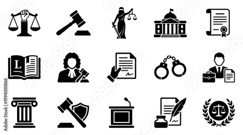 Law and Justice Icons: Gavel, Scales, Courtroom, Lady Justice, Handcuffs