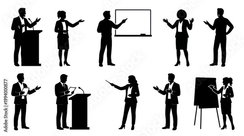 Business Presentation Silhouettes: Speakers, Podium, Whiteboard, Flipchart