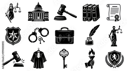 Legal Justice System Glyph Icons Set. Black and White Symbols of Law.