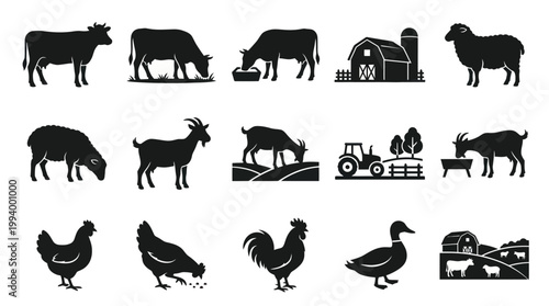 Farm Animals and Buildings Silhouette Icons, Black and White