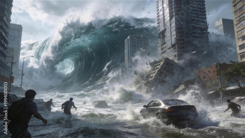 The Tsunami's Fury: A group of figures navigates through the city in the face of an impending tsunami, illustrating the overwhelming power of nature.