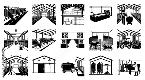 Farm Livestock Industry Icons Black White - Agriculture  Farming