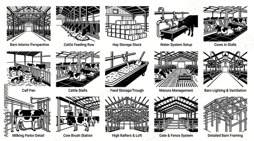 Black and White Line Art of Dairy Farm Barn Designs and Equipment