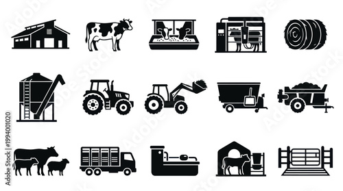 Agriculture Farming Glyphs: Barn, Livestock, Tractors, Milking Parlor Black  White Icons Set