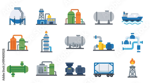 Oil and Gas Industry Flat Design Vector Icons Set - Petroleum, Energy  Refinery Facilities