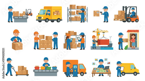 Flat Style Icons of Logistics and Warehousing Workers, Boxes, Trucks
