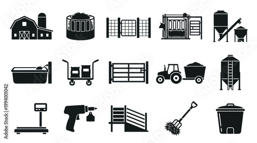 Black  White Agriculture Farming and Livestock Equipment Glyph Icons Set