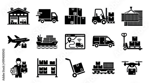 Logistics and Delivery Icons: Warehouse, Truck, Plane, Ship, Drone