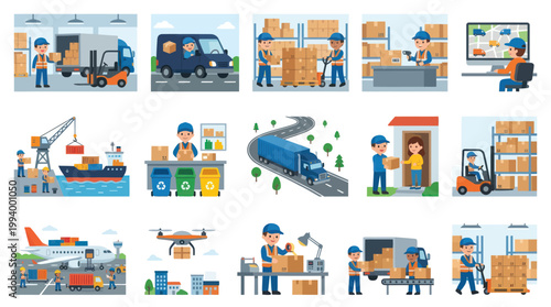 Flat Design Logistics and Delivery Service Illustrations. Warehouse, Shipping, Transport Workers