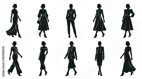 Fashion Silhouettes: Diverse Women's Outfits in Elegant Black and White