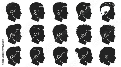 Black  White Silhouettes of Men's Hairstyles, Side Profiles, Grooming