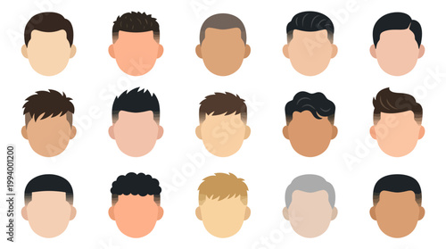 Flat Design Icons of Diverse Male Hairstyles and Skin Tones