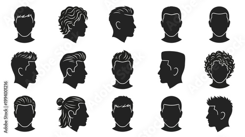 Black Silhouette Icons of Diverse Men's Hairstyles