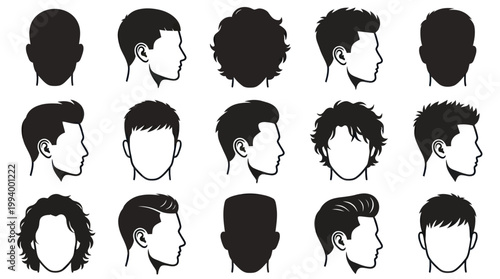 Diverse Men's Hairstyles Silhouettes: Black  White Vector Icons for Style