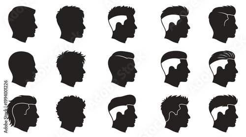 Silhouettes of Diverse Men's Hairstyles, Barber Shop, Vector Art