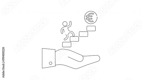 Hand holding steps leading to euro coin with person climbing.