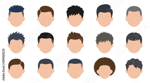 Set of 15 Men's Hairstyles Flat Vector Icons, Male Haircuts Collection