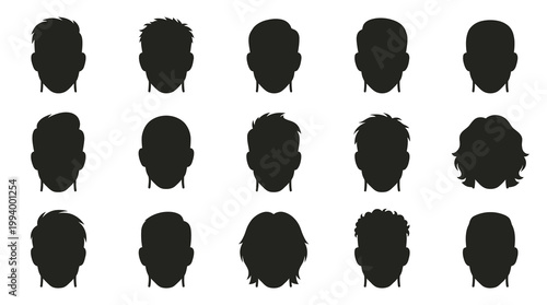 Diverse People Head and Hairstyle Silhouettes. Collection of Glyph Avatars for User Profiles.