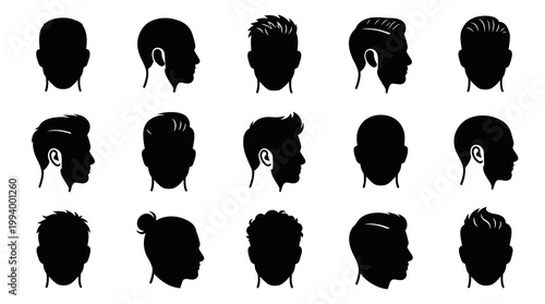 Silhouette Hairstyles Collection Vector Icons Black White Man Head