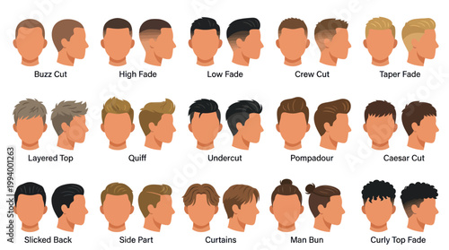 Men's Hairstyles Chart: Buzz Cut, Fade, Pompadour, Man Bun, Curly Top