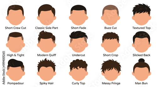 Men's Hairstyles Set: Flat Icons for Male Haircuts and Styles