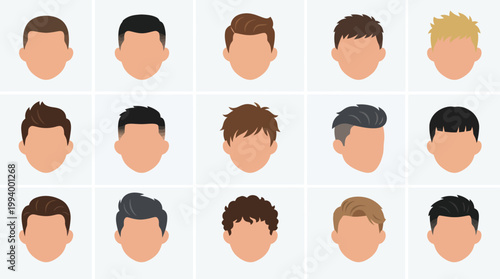 Diverse Men's Hairstyles Vector Icons, Flat Design, Haircuts Set