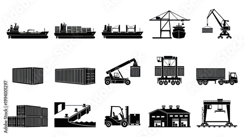 Black  White Icons of Cargo Ships, Cranes, Containers  Trucks