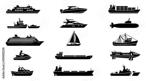 Vector Icons of Various Ships and Boats, Marine Transport Collection