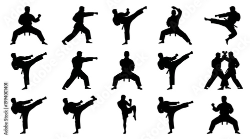 Karate Martial Arts Silhouette Black and White Vector Icons