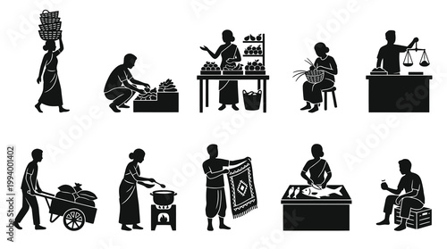 Indian market scene, vendors selling goods, groceries, fish, textiles, black glyphs