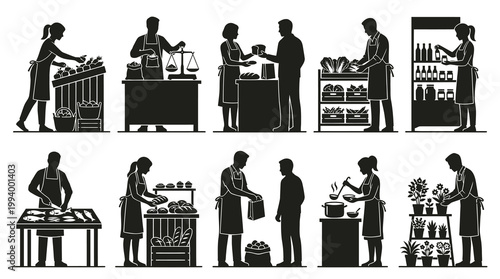 Black and white vector illustration of people working in a grocery store, market scenes