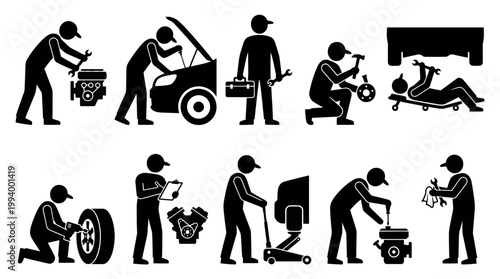 Black  White Glyph Icons of Auto Mechanics Working on Cars and Engines