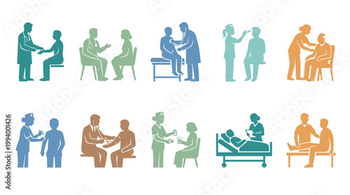 Healthcare Medical Staff  Patients Glyph Icon Set: Examinations, Consultations  Care