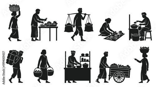 Silhouette Market Sellers Selling Produce - Vector Black and White