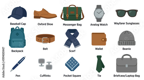 Flat Style Icons of Men's Accessories, Fashion Objects Vector