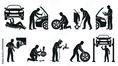 Automotive Car Repair Service  Mechanic Icons Set - Black  White Glyph Silhouettes