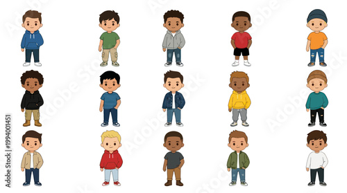 Happy Diverse Boys Cartoon Characters Set Flat Vector Illustration for Children and Lifestyle