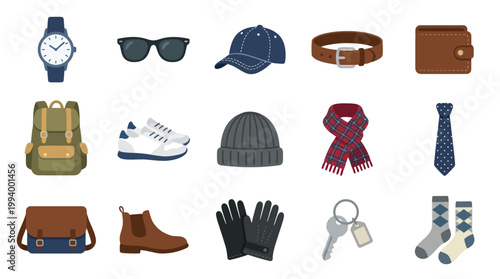 Flat Illustration of Men's Accessories, Fashion, and Clothing Essentials