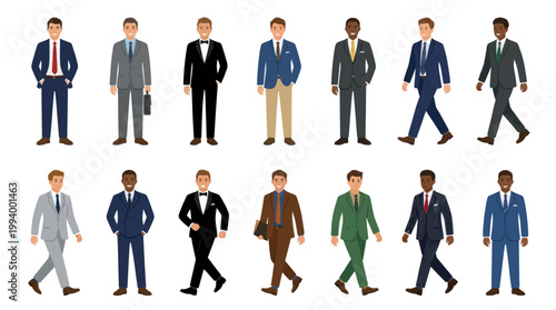 Diverse Men in Business Suits Walking and Standing, Flat Vector Style