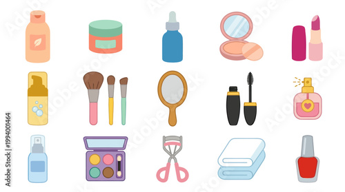 Flat Style Icons of Women's Cosmetics and Skincare Products