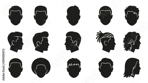 Silhouette Hairstyles Icons Set - Men's Haircuts Black and White Vector